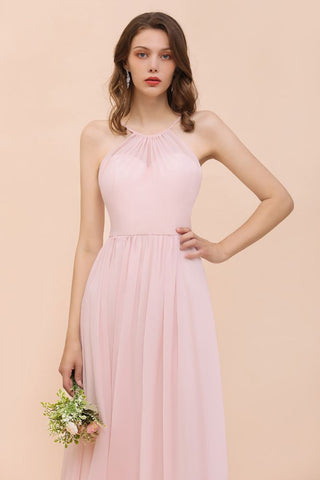 Vestido de dama de honor rosa para niñas, largo hasta el suelo, de gasa, para fiesta de boda en la playa