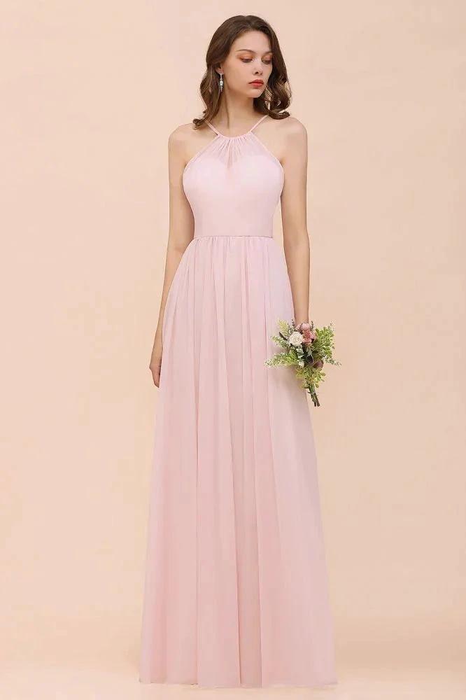 Pink Girls Bridesmaid Dress Halter Floor Length Chiffon Beach Wedding Party Dress by misshow.com
