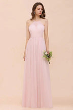 Pink Girls Bridesmaid Dress Halter Floor Length Chiffon Beach Wedding Party Dress by misshow.com