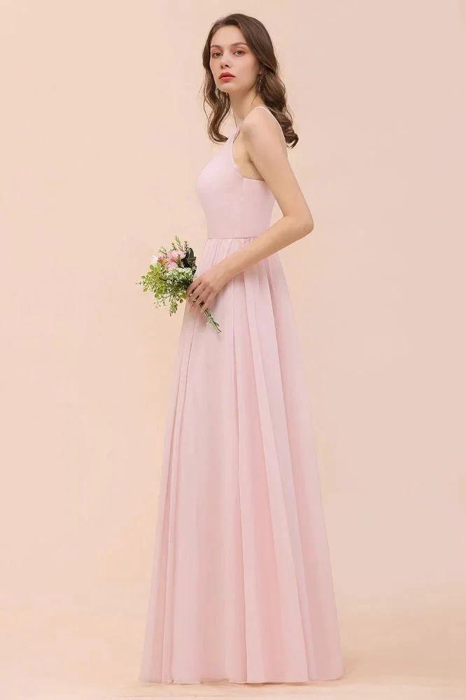 Pink Girls Bridesmaid Dress Halter Floor Length Chiffon Beach Wedding Party Dress by misshow.com