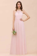Pink Girls Bridesmaid Dress Halter Floor Length Chiffon Beach Wedding Party Dress by misshow.com