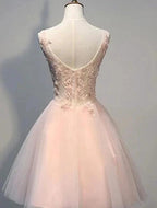 Pink Lace Short Prom Dresses Evening Dresses With Lace Appliques A Line Tulle Evening Wear by misshow.com