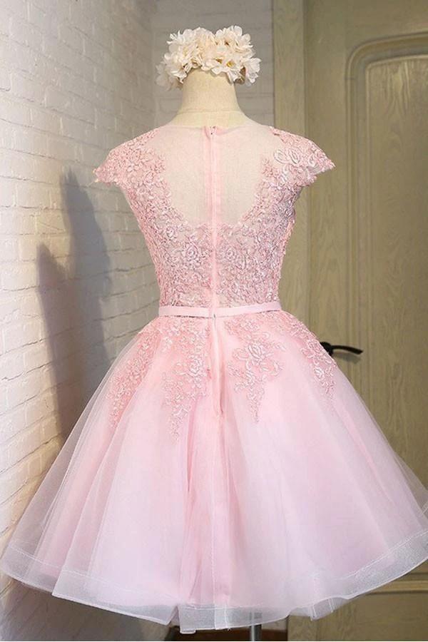 Pink Lace Short Tulle Homecoming Dresses Party Dresses with Cap Sleeves PG138 by pgmdress