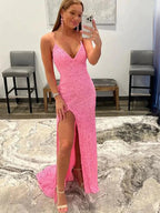 Pink Long Mermaid Sequins V Neck Backless Prom Dresses with Slit by BIZTUNNEL