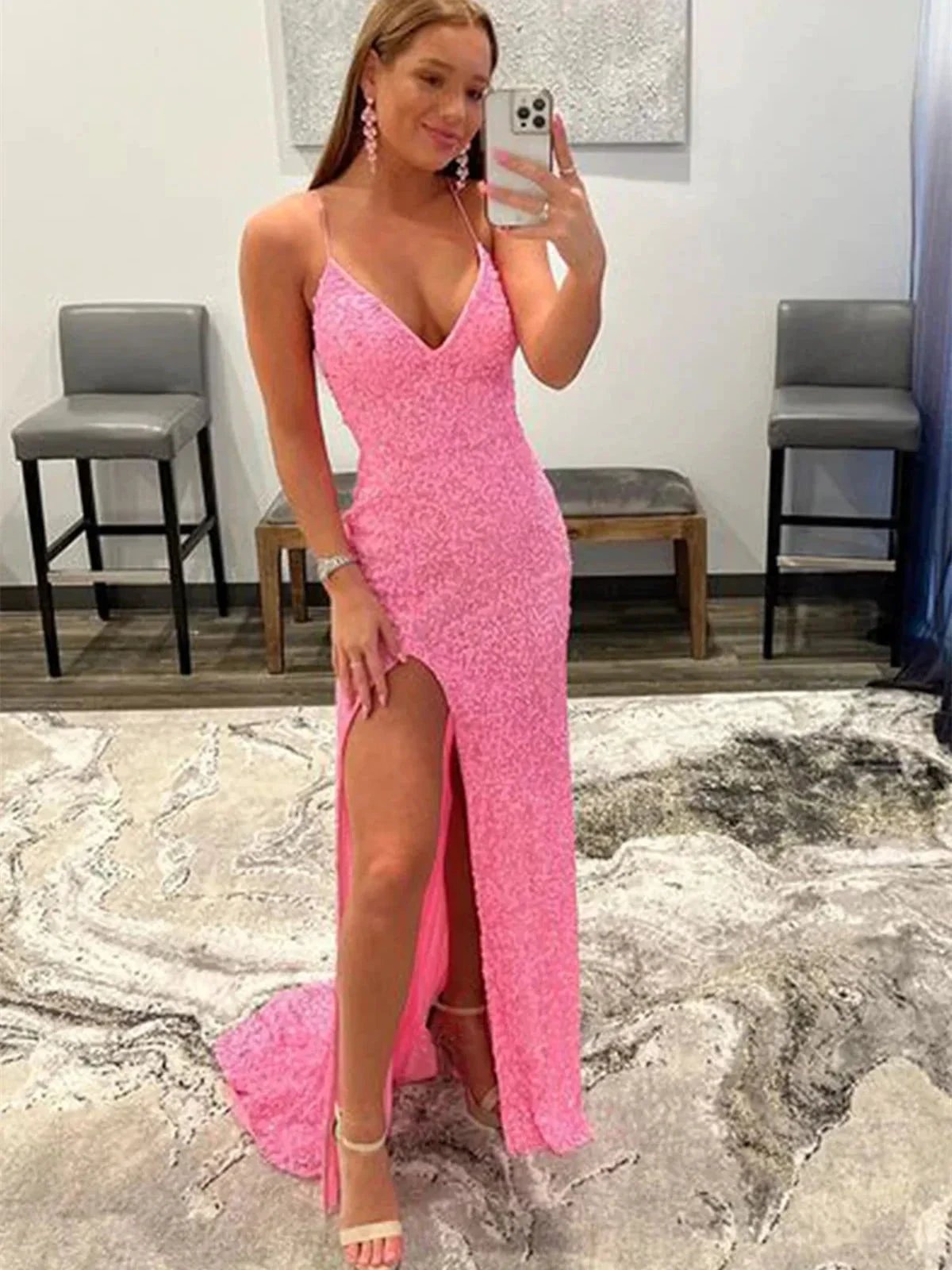 Pink Long Mermaid Sequins V Neck Backless Prom Dresses with Slit by BIZTUNNEL