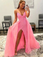 Pink Long Mermaid Sequins V Neck Backless Prom Dresses with Slit by BIZTUNNEL