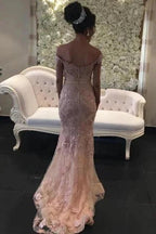 Pink Long Off-the-shouder Glitter Lace Mermaid Prom Dresses by misshow.com
