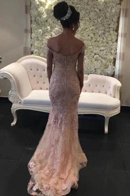 Pink Long Off-the-shouder Glitter Lace Mermaid Prom Dresses by misshow.com