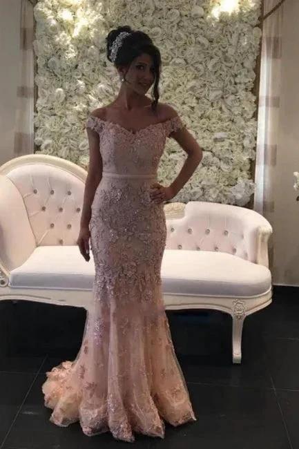 Pink Long Off-the-shouder Glitter Lace Mermaid Prom Dresses by misshow.com