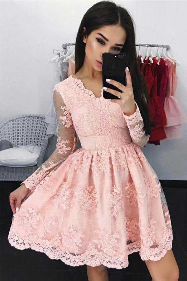 Pink Long Sleeves Lace Short Homecoming/Party Dresses PD103 Hover Image