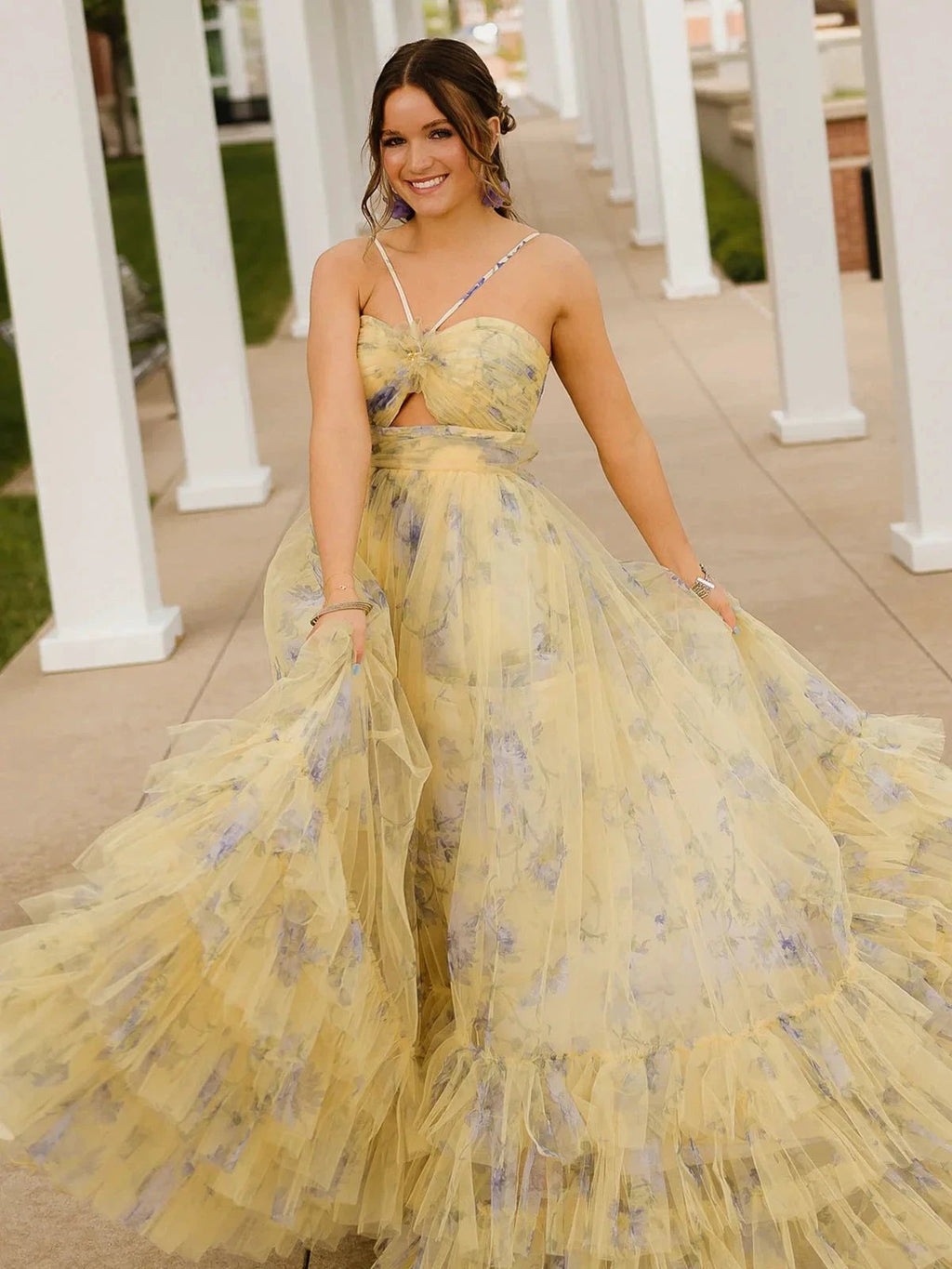 Rita | Pink Print Halter Keyhole A-Line Long Prom Dress by KissProm