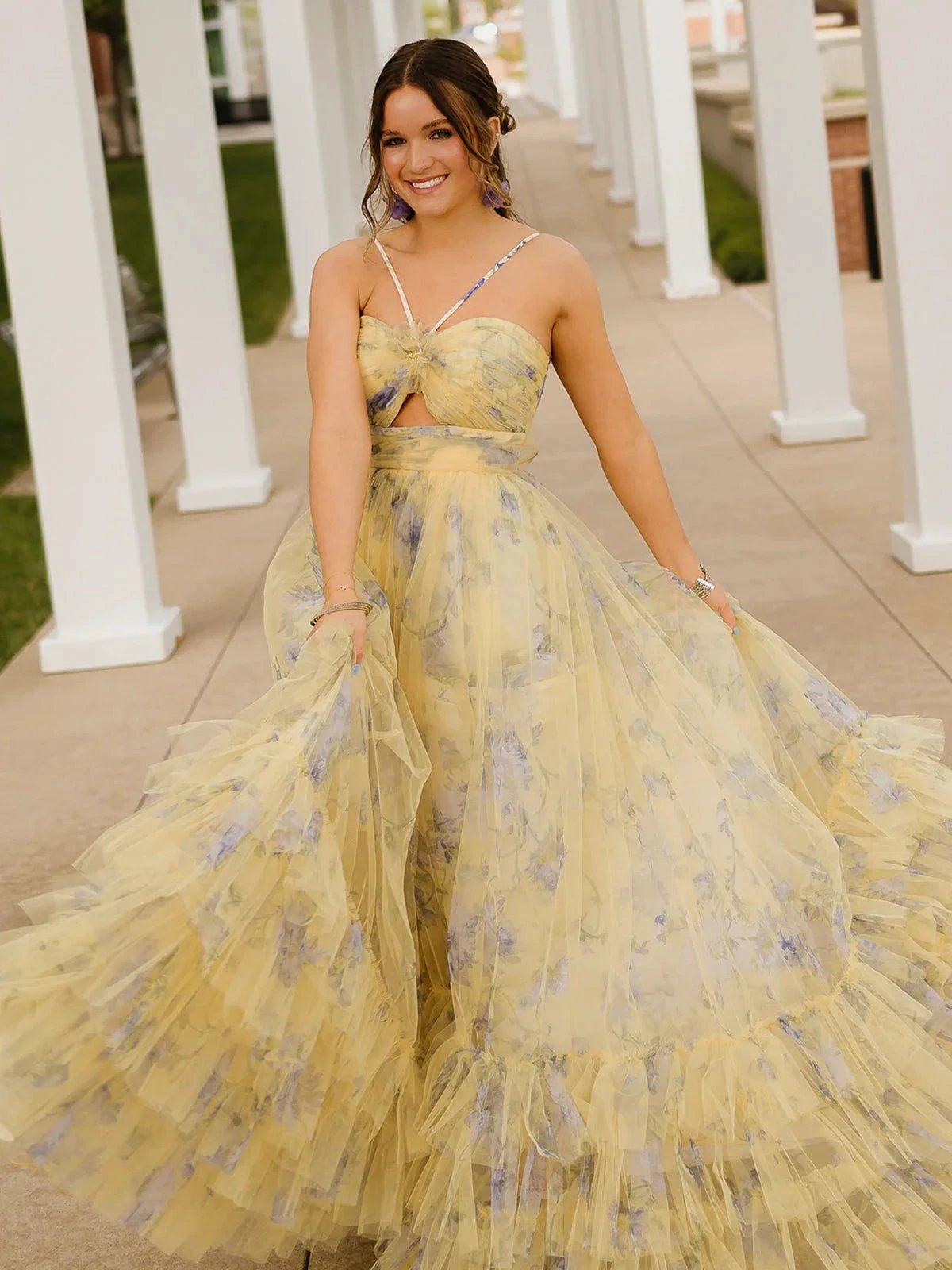 Rita | Pink Print Halter Keyhole A-Line Long Prom Dress by KissProm