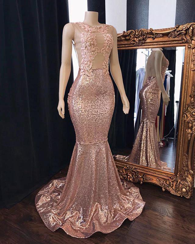 Pink Sequins Mermaid Prom Dresses Long Tulle Backless Evening Gowns by BIZTUNNEL