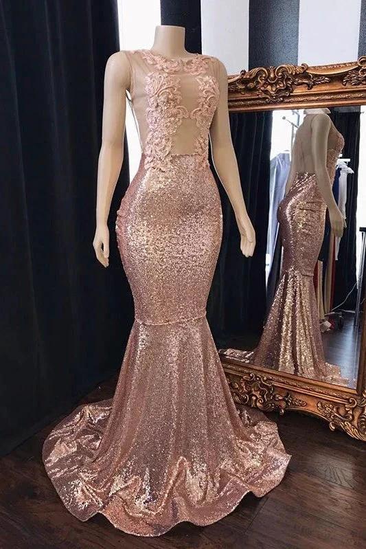 Pink Sequins Mermaid Prom Dresses Long Tulle Backless Evening Gowns by BIZTUNNEL