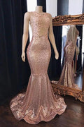 Pink Sequins Mermaid Prom Dresses Long Tulle Backless Evening Gowns by BIZTUNNEL