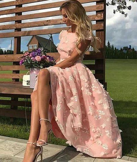 Pink Short Flowers Jewel A-Line Tea-length Prom Dresses by BIZTUNNEL