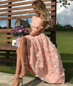 Pink Short Flowers Jewel A-Line Tea-length Prom Dresses by BIZTUNNEL