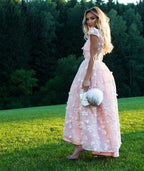 Pink Short Flowers Jewel A-Line Tea-length Prom Dresses by BIZTUNNEL