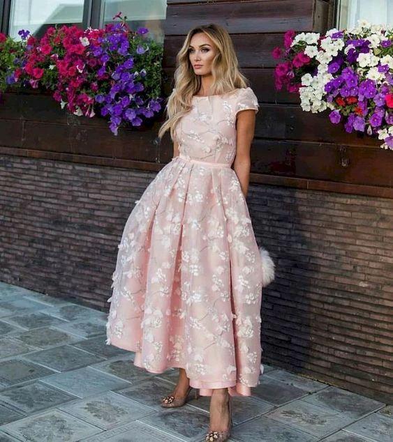 Pink Short Flowers Jewel A-Line Tea-length Prom Dresses by BIZTUNNEL