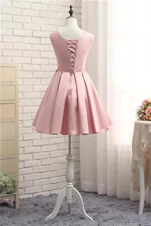 Pink Short Prom Dress Satin Homecoming Dress with Gold Applique PD116 by pgmdress