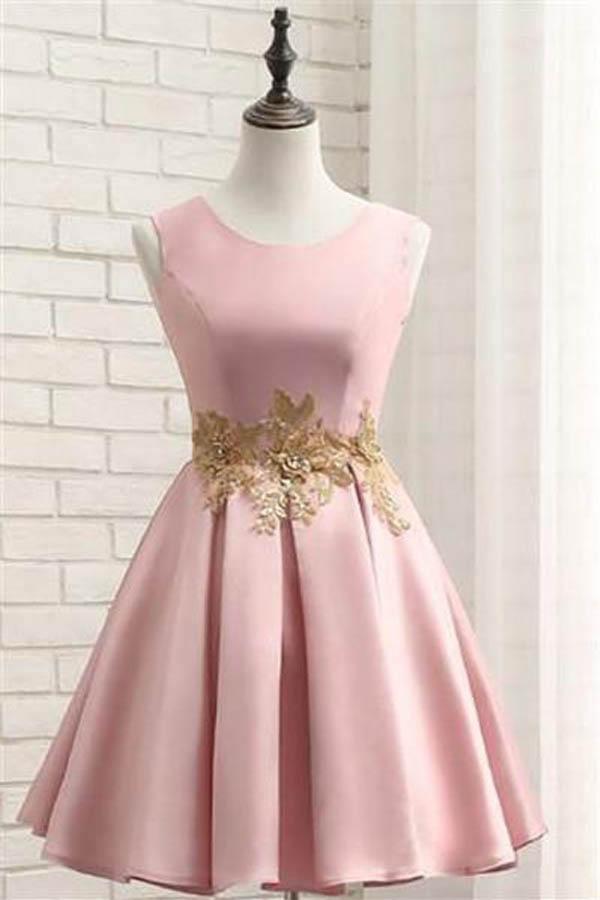 Pink Short Prom Dress Satin Homecoming Dress with Gold Applique PD116 Hover Image