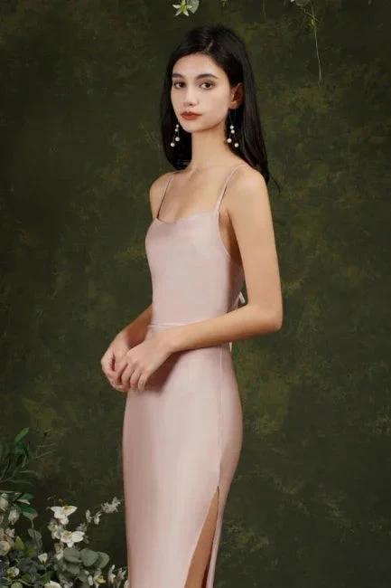 Pink Spaghetti Straps Sleeveless Mermaid Satin Prom Dresses by misshow.com