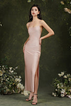 Pink Spaghetti Straps Sleeveless Mermaid Satin Prom Dresses
