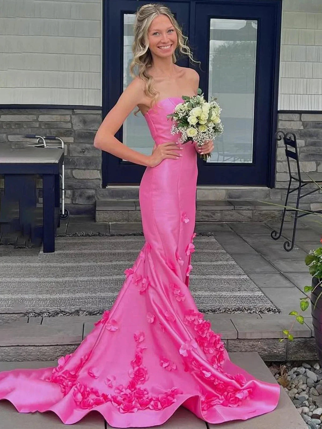 Skyden | Pink Strapless Mermaid Sleeveless Appliques Long Prom Dress by KissProm