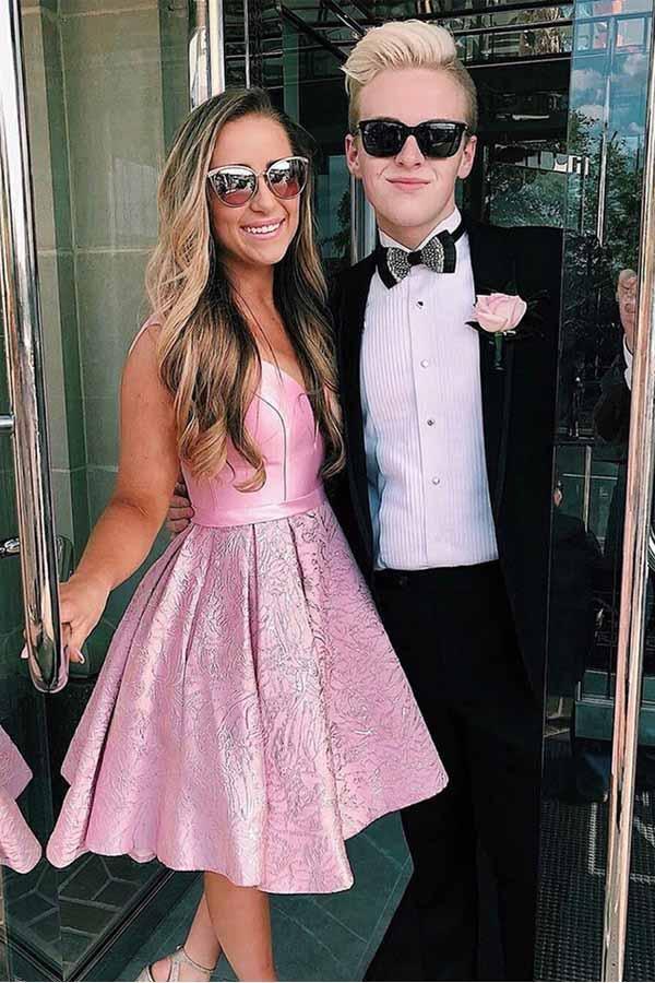 Pink V-Neck Pleated Satin Short Homecoming Dress With Pockets  PD278 Main Image