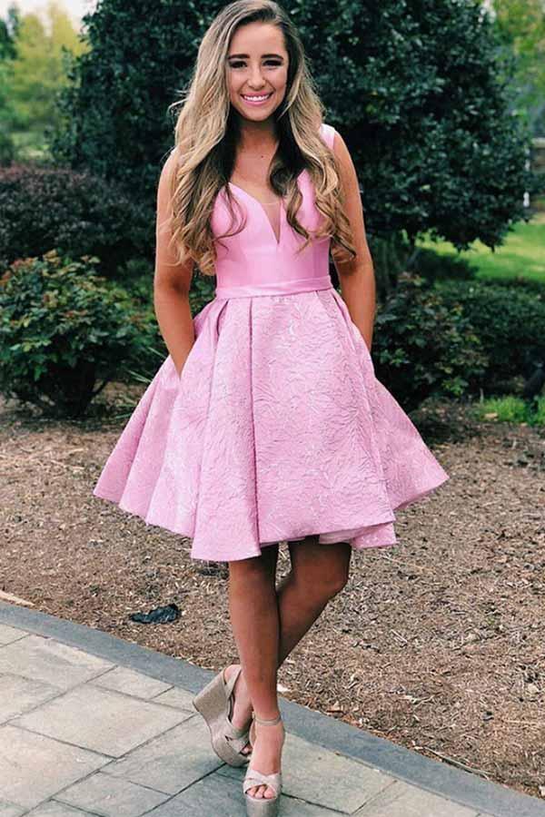 Pink V-Neck Pleated Satin Short Homecoming Dress With Pockets  PD278 Hover Image
