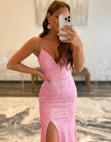 Vestido de fiesta largo de sirena con lentejuelas naranjas brillantes