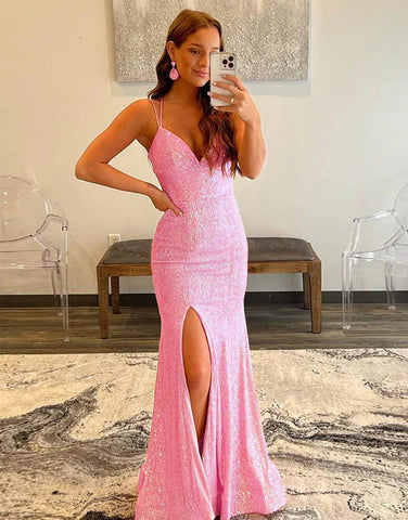 Vestido de fiesta largo de sirena con lentejuelas naranjas brillantes