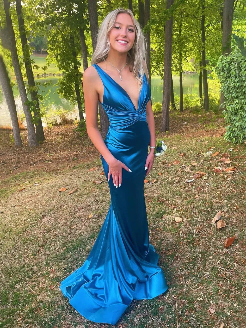 Anwea | Plunge Blue Satin Ruched Mermaid Prom Dress by KissProm