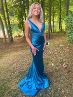 Anwea | Plunge Blue Satin Ruched Mermaid Prom Dress by KissProm