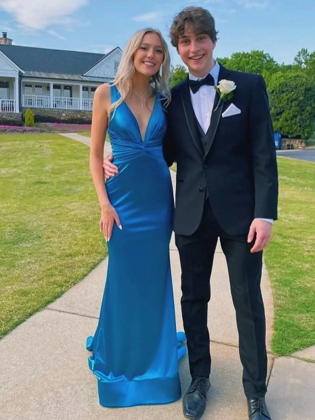 Anwea | Plunge Blue Satin Ruched Mermaid Prom Dress by KissProm