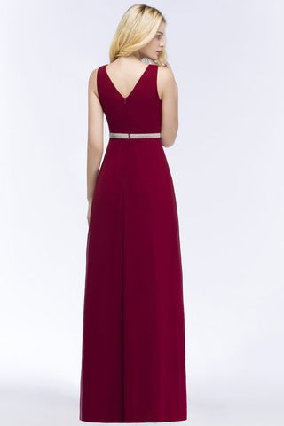 Plus Size A-line V-neck Long Sleeveless Ruffled Chiffon Bridesmaid Dresses with Beading Sash