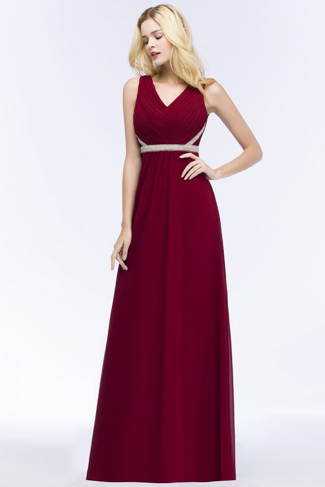 Plus Size A-line V-neck Long Sleeveless Ruffled Chiffon Bridesmaid Dresses with Beading Sash