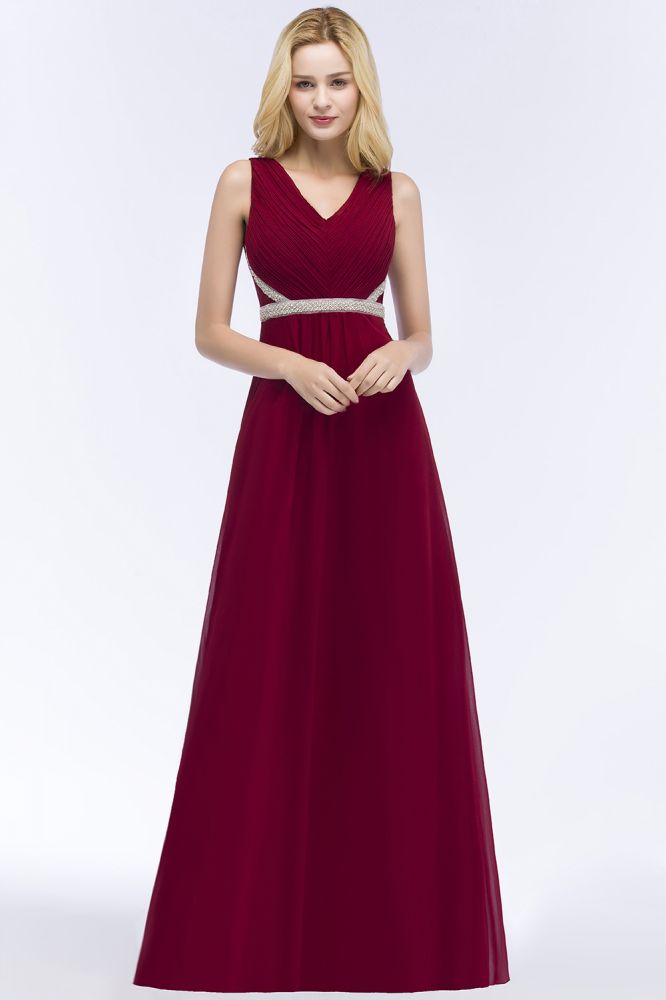 Plus Size A-line V-neck Long Sleeveless Ruffled Chiffon Bridesmaid Dresses with Beading Sash