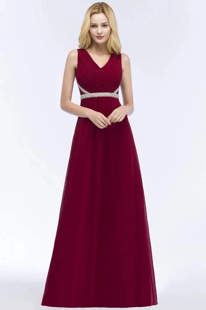 Plus Size A-line V-neck Long Sleeveless Ruffled Chiffon Bridesmaid Dresses with Beading Sash by misshow.com