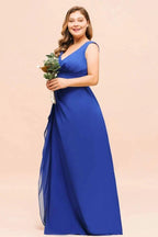 Plus Size Chiffon Sleeveless Royal Blue Bridesmaid Dress V-neck Simple Wedding Dress by misshow.com