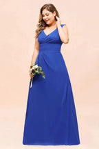 Plus Size Chiffon Sleeveless Royal Blue Bridesmaid Dress V-neck Simple Wedding Dress by misshow.com