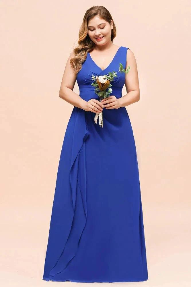 Plus Size Chiffon Sleeveless Royal Blue Bridesmaid Dress V-neck Simple Wedding Dress by misshow.com