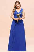 Plus Size Chiffon Sleeveless Royal Blue Bridesmaid Dress V-neck Simple Wedding Dress by misshow.com