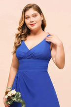 Plus Size Chiffon Sleeveless Royal Blue Bridesmaid Dress V-neck Simple Wedding Dress by misshow.com