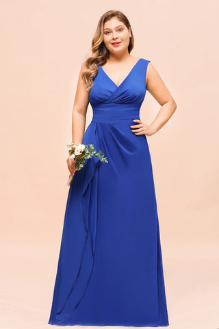 Vestido de dama de honor azul real sin mangas de gasa de talla grande con escote en V y vestido de novia sencillo