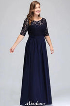 Plus Size Floral Lace A-line Evening Maxi Dress Half Sleeves Party Dress by misshow.com