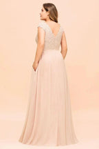 Plus Size Lace Pearl Pink Bridesmaid Dress Short Sleeves Side Split Wedding Party Dress by misshow.com