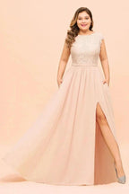 Plus Size Lace Pearl Pink Bridesmaid Dress Short Sleeves Side Split Wedding Party Dress by misshow.com