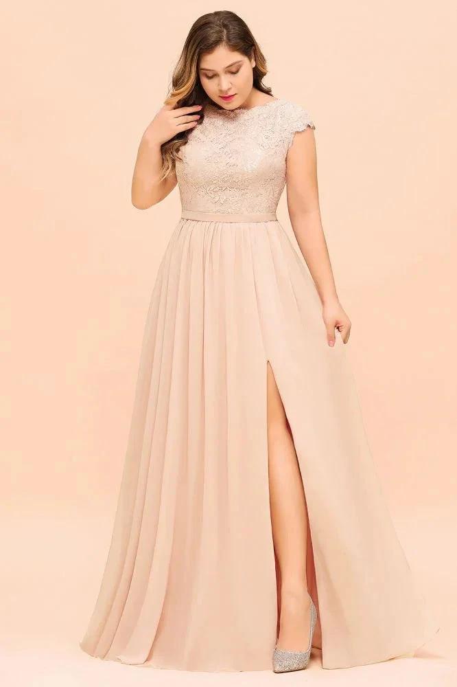 Plus Size Lace Pearl Pink Bridesmaid Dress Short Sleeves Side Split Wedding Party Dress by misshow.com