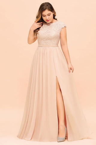 Vestido de dama de honor de talla grande con encaje rosa perla, mangas cortas y abertura lateral, vestido de fiesta de boda